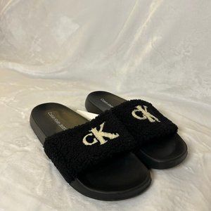 Men's Black Calvin Klein Slides w/ Sherpa Fur
